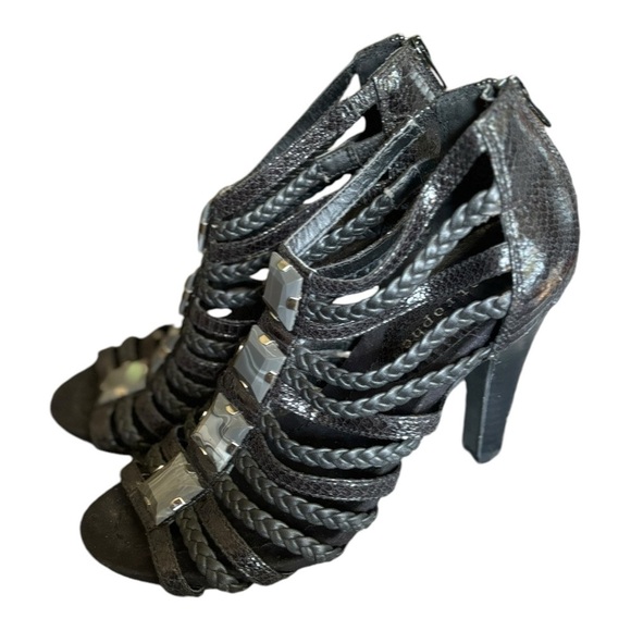 Apostrophe Black Woven Leather Strappy Heels Size 8.5 M Gray Marbleized Beads - Picture 3 of 13